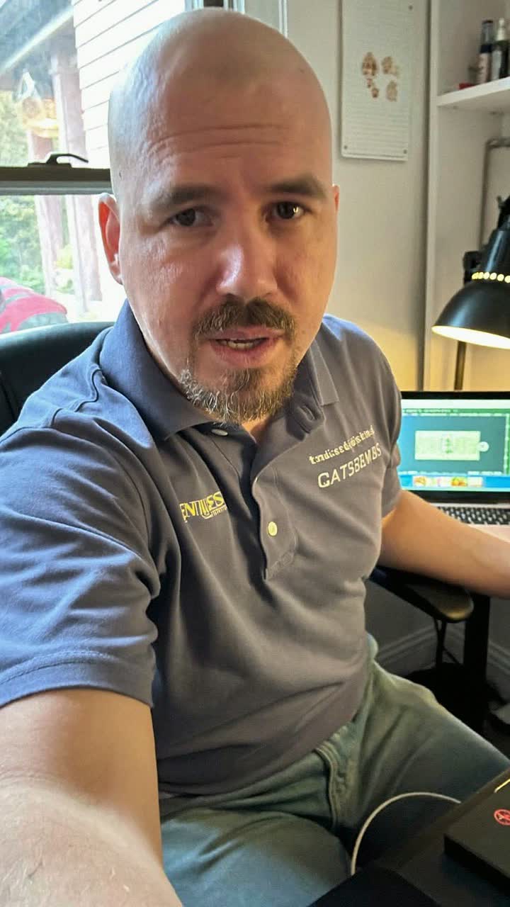 Chris, 46-year-old white American man, bald, goatee, wearing a company polo